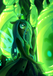 Size: 1000x1419 | Tagged: safe, artist:kelsea-chan, queen chrysalis, changeling, changeling queen, anthro, g4, clothes, cocoon, crown, dress, female, jewelry, open mouth, regalia, solo
