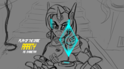 Size: 1920x1080 | Tagged: safe, artist:reactorguardian, rarity, anthro, g4, crossover, diamond, hologram, overwatch, play of the game, sketch, symmetra