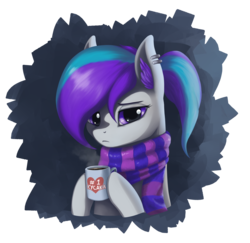 Size: 1900x1843 | Tagged: safe, artist:mrscroup, oc, oc only, oc:lampa, clothes, coffee, cup, scarf, solo, unhappy