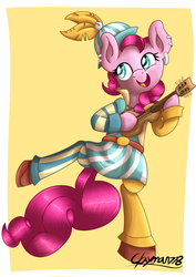 Size: 1380x1950 | Tagged: safe, artist:clayman778, pinkie pie, earth pony, pony, dungeons and discords, g4, bard, bard pie, bipedal, clothes, ear piercing, earring, fantasy class, female, jewelry, mare, musical instrument, piercing, simple background, solo, ukulele