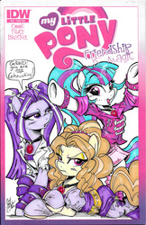 Size: 998x1539 | Tagged: safe, artist:ponygoddess, adagio dazzle, aria blaze, sonata dusk, g4, clothes, comic cover, commission, ponified, the dazzlings, traditional art