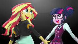 Size: 1920x1080 | Tagged: safe, artist:spacesheep-art, sci-twi, sunset shimmer, twilight sparkle, equestria girls, g4, my little pony equestria girls: friendship games, black background, clothes, crystal prep academy, crystal prep academy uniform, crystal prep shadowbolts, deleted scene, duo, glasses, leather jacket, pleated skirt, scene interpretation, school uniform, simple background, skirt, what more is out there