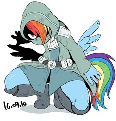 Size: 944x989 | Tagged: safe, artist:nekubi, rainbow dash, pegasus, anthro, plantigrade anthro, dungeons and discords, g4, belt, boots, cloak, clothes, crouching, female, hood, knee-high boots, mask, rainbow rogue, simple background, solo, white background