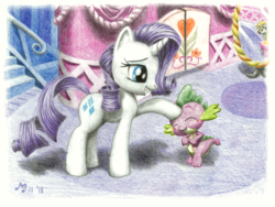 Size: 3380x2535 | Tagged: safe, artist:michiito, derpy hooves, rarity, spike, pegasus, pony, blushing, carousel boutique, cute, eyes closed, female, grin, mare, mirror, petting, pixiv, reflection, smiling, spikelove, traditional art