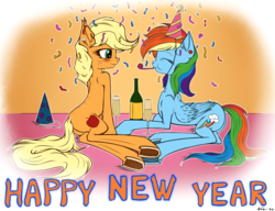 Size: 3126x2400 | Tagged: safe, artist:neko-me, applejack, rainbow dash, g4, 2017, alcohol, blowing, blushing, champagne, confetti, drink, eyes closed, female, freckles, glass, happy new year, happy new year 2017, hat, high res, implied appledash, lesbian, party hat, party horn, ship:appledash, shipping, signature, underhoof, wine