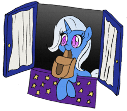 Size: 1318x1150 | Tagged: safe, artist:ladycookie, trixie, pony, unicorn, g4, to where and back again, cute, diatrixes, female, mare, mouth hold, saddle bag, scene interpretation, simple background, solo, to saddlebags and back again, transparent background