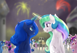 Size: 4025x2800 | Tagged: safe, artist:silfoe, night light, princess cadance, princess celestia, princess flurry heart, princess luna, shining armor, spike, twilight sparkle, twilight velvet, alicorn, dragon, pony, unicorn, royal sketchbook, g4, alcohol, balcony, champagne, combined magic, crying, eye contact, fireworks, floppy ears, frown, grin, high res, horn, horns are touching, hug, levitation, looking at each other, magic, new year, open mouth, royal sisters, scared, sitting, smiling, telekinesis, twilight sparkle (alicorn), wine, wine glass