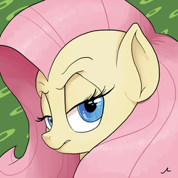 Size: 2400x2400 | Tagged: safe, artist:docwario, fluttershy, pony, g4, annoyed, blue eyes, bust, female, glare, high res, lidded eyes, looking at you, looking sideways, portrait, solo, unamused