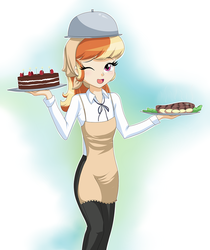 Size: 1000x1192 | Tagged: safe, artist:thebrokencog, artist:twilite-sparkleplz, oc, oc only, oc:mandarine mélange, equestria girls, g4, cake, clothes, dessert, egg (food), equestria girls-ified, food, gradient background, meat, one eye closed, open mouth, pants, plate, solo, steak, tray, waitress, wink