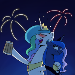 Size: 1200x1200 | Tagged: safe, artist:anticular, princess celestia, princess luna, alicorn, pony, ask sunshine and moonbeams, g4, blushing, drunk, drunklestia, eyes closed, female, fireworks, floppy ears, frown, luna is not amused, mare, mug, new year, open mouth, royal sisters, unamused