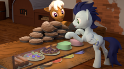 Size: 1920x1080 | Tagged: safe, artist:percytechnic, soarin', oc, oc:pastry treat, pony, g4, 3d, bakery, blender, bread, cake, cupcake, donut, food, pie, shop, that pony sure does love pies, this will end in weight gain