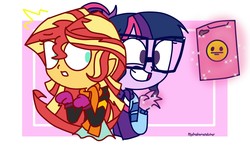 Size: 1356x832 | Tagged: safe, artist:psychodiamondstar, sci-twi, sunset shimmer, twilight sparkle, equestria girls, g4, cellphone, clothes, excited, female, glasses, gloves, happy new year, lesbian, magic, no catchlights, no pupils, phone, scarf, selfie, ship:sci-twishimmer, ship:sunsetsparkle, shipping, smiling, winter outfit