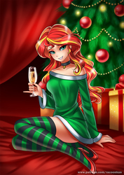 Size: 900x1274 | Tagged: safe, artist:racoonsan, sunset shimmer, human, equestria girls, g4, 2017, alcohol, bare shoulders, bedroom eyes, champagne, champagne glass, choker, christmas, christmas tree, clothes, cute, eyeshadow, female, full body, grin, happy new year, happy new year 2017, high heels, holiday, humanized, looking at you, makeup, nail polish, new year, off shoulder, present, schrödinger's pantsu, seductive look, sitting, smiling, socks, solo, striped socks, stupid sexy sunset shimmer, thigh highs, thigh socks, tree, wine, zettai ryouiki