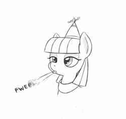 Size: 1101x1039 | Tagged: safe, artist:trickydick, maud pie, pony, g4, bust, female, happy new year, hat, lidded eyes, monochrome, party hat, party horn, portrait, solo, traditional art