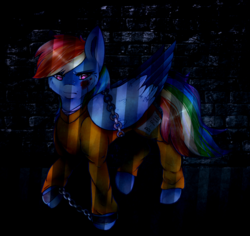 Size: 973x920 | Tagged: safe, artist:beyondtheillusion, rainbow dash, pegasus, pony, g4, b-f16, bound wings, chains, clothes, cuffs, female, prison, prison outfit, prisoner rd, sad, shackles, solo