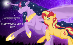 Size: 1280x800 | Tagged: safe, artist:angeltorchic, sunset shimmer, twilight sparkle, alicorn, pony, unicorn, g4, 2017, glowing horn, happy new year, happy new year 2017, hilarious in hindsight, horn, stars, tree, twilight sparkle (alicorn)