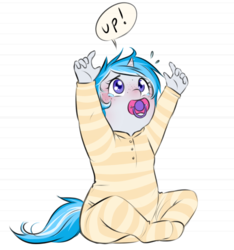 Size: 840x898 | Tagged: safe, artist:askbubblelee, oc, oc only, oc:bubble lee, unicorn, anthro, anthro oc, baby, baby pony, clothes, crying, cute, female, filly, foal, footed sleeper, freckles, hnnng, lined paper, looking up, ocbetes, pacifier, pajamas, solo, teary eyes, upsies, wip, younger