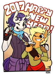 Size: 876x1200 | Tagged: safe, artist:siden, applejack, rarity, oc, oc:ivory, oc:sparkling cider, anthro, ultimare universe, g4, alternate universe, bottle, cider, clothes, female, happy new year, happy new year 2017, lesbian, looking at you, ship:rarijack, shipping
