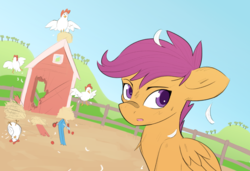 Size: 1200x823 | Tagged: safe, artist:kuri_art, scootaloo, chicken, pegasus, pony, g4, bandage, bandaid, bandaid on nose, chicken coop, feather, female, fence, filly, foal, folded wings, open mouth, scootachicken, scooter, wings