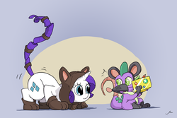 Size: 3600x2400 | Tagged: safe, artist:docwario, rarity, spike, cat, mouse, pony, g4, animal costume, cat costume, cheese, clothes, costume, cute, duo, food, gem, high res, imminent pounce, looking back, mouse costume, raribetes, raricat, roleplaying, spikabetes