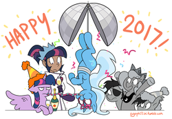 Size: 1200x832 | Tagged: safe, artist:egophiliac, princess luna, trixie, twilight sparkle, oc, oc:frolicsome meadowlark, oc:sunshine smiles (egophiliac), bat pony, human, pony, unicorn, moonstuck, steamquestria, g4, 2017, alcohol, cartographer's super duper fancy crown of specialness, champagne, cider, clothes, filly, human ponidox, humanized, inconvenient trixie, lab coat, new years eve, self ponidox, simple background, twilight sparkle (alicorn), twilight sparkle is not amused, white background, wine, woona, woonoggles, younger