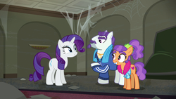 Size: 1920x1080 | Tagged: safe, screencap, mr. stripes, plaid stripes, rarity, pony, g4, the saddle row review, smiling