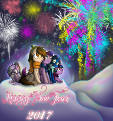 Size: 1263x1354 | Tagged: safe, artist:stuflox, twilight sparkle, oc, oc:drawingamer, oc:synthesia monsparkle, alicorn, pegasus, pony, unicorn, g4, 2017, clothes, cup, fireworks, happy new year, happy new year 2017, monsparkle, scarf, snow, twilight sparkle (alicorn)