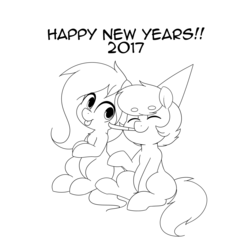 Size: 1280x1280 | Tagged: safe, artist:matitas, artist:quarantinedchaoz, oc, oc only, pony, eyes closed, happy new year, hat, monochrome, mouth hold, noisemaker, party hat, sitting, smiling, tongue out