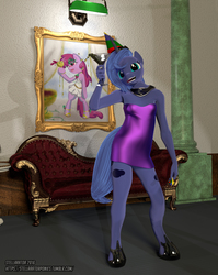 Size: 1020x1280 | Tagged: safe, artist:bamboodog, artist:creatorofpony, artist:juicedane, artist:stellarator, princess luna, anthro, unguligrade anthro, g4, 3d, alcohol, blender, blender cycles, clothes, crown, dress, drunk, drunk luna, female, filly, happy new year, hipposandals, jewelry, looking at you, party, peytral, regalia, s1 luna, solo, younger