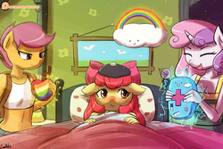 Size: 1125x750 | Tagged: safe, artist:lumineko, apple bloom, scootaloo, sweetie belle, earth pony, pegasus, unicorn, anthro, apple bloomers, g4, apple, backpack, bed, bedroom, belly button, blanket, bow, caring for the sick, clothes, cutie mark crusaders, eyes closed, female, first aid, floppy ears, food, get well soon, hair bow, ice pack, midriff, open mouth, patreon, patreon logo, pillow, rainbow, sick, sports bra, zap apple