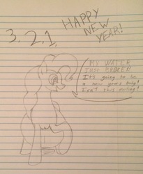 Size: 1579x1929 | Tagged: source needed, safe, artist:warrior_stew, pinkie pie, earth pony, pony, g4, amniotic fluid, female, hyper, hyper pregnancy, imminent birth, labor, lined paper, new year, pencil drawing, preggy pie, pregnant, solo, speech bubble, traditional art