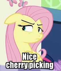 Size: 295x344 | Tagged: safe, edit, edited screencap, screencap, fluttershy, pony, 28 pranks later, g4, annoyed, caption, cherry picking, crossed hooves, cute, female, floppy ears, frown, glare, image macro, meme, peeved, reaction image, shyabetes, solo