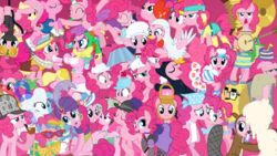 Size: 1920x1080 | Tagged: safe, artist:eagle1division, chancellor puddinghead, fluttershy, gummy, pinkie pie, beaver, earth pony, pig, pony, g4, animal costume, apron, balloon, bowler hat, bubble pipe, catsuit, cherry sorter outfit, chicken pie, chicken suit, clothes, collage, costume, deerstalker, detective, diaper, diaper on head, dress, female, flour, gala dress, goggles, hard hat, hat, ice skates, jester, jester pie, lampshade, madame pinkie, mare, multeity, night vision goggles, not fluttershy, partycorn, pig nose, piggie pie, pipe, roller skates, saloon dress, saloon pinkie, sherlock pie, skates, sneaking suit, solo, too much pink energy is dangerous, turban, wallpaper, workout outfit