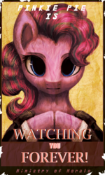 Size: 1000x1667 | Tagged: safe, artist:aschenstern, pinkie pie, earth pony, pony, fallout equestria, g4, clothes, fanfic, fanfic art, female, forever, hooves, looking at you, mare, ministry mares, ministry of morale, pinkie pie is watching you, poster, propaganda, smiling, solo, text