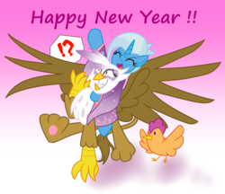Size: 2900x2500 | Tagged: safe, artist:geraritydevillefort, gilda, scootaloo, trixie, bird, chicken, griffon, cheering, confused, exclamation point, eyes closed, gradient background, happy new year, happy new year 2017, hen, interrobang, open mouth, pink background, ponies riding griffons, question mark, raised hoof, riding, scootachicken, simple background, species swap, spread wings, surprised, trio, trixie riding gilda