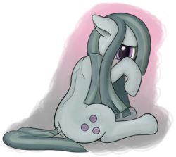 Size: 2383x2125 | Tagged: safe, artist:underwoodart, marble pie, earth pony, pony, g4, back, blushing, croup, cute, dock, female, high res, marblebetes, mare, shy, signature, simple background, sitting, solo, transparent background