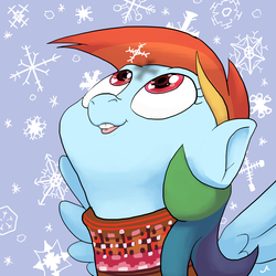 Size: 2400x2400 | Tagged: safe, artist:docwario, rainbow dash, pegasus, pony, g4, bust, clothes, female, heart eyes, high res, looking at something, looking up, open mouth, portrait, snow, snowfall, snowflake, solo, spread wings, sweater, wingding eyes, wings