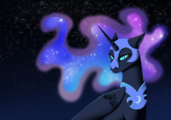 Size: 2443x1718 | Tagged: safe, artist:ssilverbeeze, nightmare moon, alicorn, pony, g4, blue eyes, blue mane, digital art, ear fluff, ethereal mane, feather, female, flowing mane, folded wings, frown, helmet, horn, lidded eyes, mare, night, night sky, peytral, sky, solo, sparkles, starry mane, stars, wings