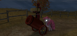 Size: 1584x745 | Tagged: safe, artist:hectorny, pinkie pie, earth pony, human, pony, g4, 3d, box, cannon, crossover, deadpool