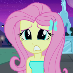 Size: 640x640 | Tagged: safe, screencap, fluttershy, equestria girls, g4, clothes, cropped, crying, dress, fall formal outfits, female, solo, statue