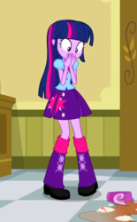 Size: 397x640 | Tagged: safe, screencap, twilight sparkle, equestria girls, g4, boots, cafe, clothes, cropped, cup, female, high heel boots, milkshake, shocked, skirt, solo