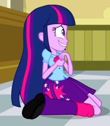 Size: 540x620 | Tagged: safe, screencap, twilight sparkle, equestria girls, g4, my little pony equestria girls, boots, cafe, clothes, cropped, female, high heel boots, skirt, solo