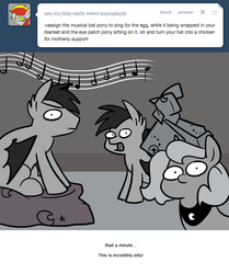 Size: 666x795 | Tagged: safe, artist:egophiliac, princess luna, oc, oc:frolicsome meadowlark, oc:sunshine smiles (egophiliac), bat pony, pony, moonstuck, g4, cartographer's chicken, filly, grayscale, monochrome, music notes, silly, woona, woonoggles, younger