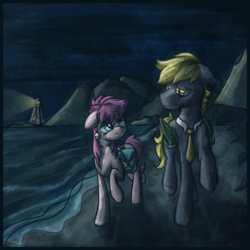 Size: 1500x1500 | Tagged: safe, artist:tiothebeetle, oc, oc only, bag, beach, duo, lighthouse, necktie, night