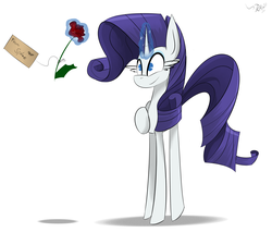 Size: 3428x2925 | Tagged: safe, artist:ratann, rarity, pony, g4, female, flower, high res, letter, magic, rose, simple background, solo, telekinesis, white background