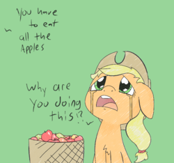 Size: 715x669 | Tagged: safe, artist:happy harvey, applejack, earth pony, pony, g4, apple, basket, chest fluff, crying, cute, dialogue, female, floppy ears, food, green background, hat, imminent stuffing, jackabetes, looking up, mare, meme, offscreen character, open mouth, out of character, phone drawing, simple background, solo, you have to eat all the eggs