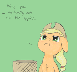 Size: 715x669 | Tagged: safe, artist:happy harvey, applejack, earth pony, pony, g4, ..., :i, angry, basket, chest fluff, cute, dialogue, female, floppy ears, food, fuck you i can eat all these apples, glare, hat, implied stuffing, jackabetes, large belly, looking up, madorable, mare, meme, offscreen character, over eating, phone drawing, solo, stuffed, stuffed belly, stuffing, you have to eat all the eggs