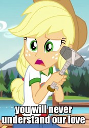 Size: 500x720 | Tagged: safe, edit, edited screencap, screencap, applejack, equestria girls, g4, my little pony equestria girls: legend of everfree, caption, cargo ship, cropped, female, hammer, hammerjack, image macro, meme, river, shipping, solo, tree, you will never x