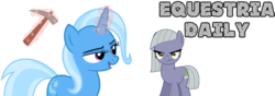 Size: 1000x350 | Tagged: safe, limestone pie, trixie, earth pony, pony, unicorn, equestria daily, g4, banner, female, glowing horn, horn, magic, mare, pickaxe, simple background, telekinesis, transparent background, vector