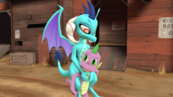Size: 1920x1080 | Tagged: safe, artist:red4567, princess ember, spike, dragon, g4, 3d, carrying, dragoness, dragons riding dragons, ember riding spike, female, implied emberspike, implied shipping, implied straight, male, older, older spike, riding, ship:emberspike, shipping, source filmmaker, straight, teenage spike, teenaged dragon, teenager